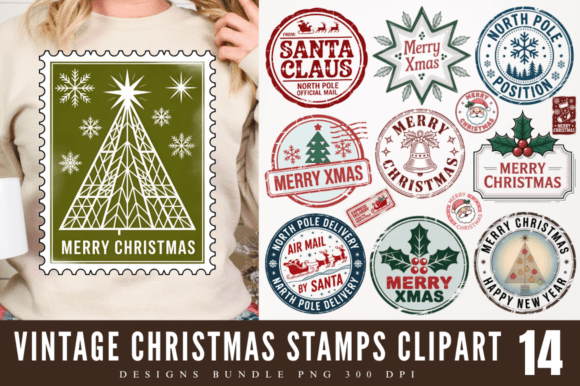 Unwrap Nostalgia: Vintage Christmas Stamps Clipart PNG Design